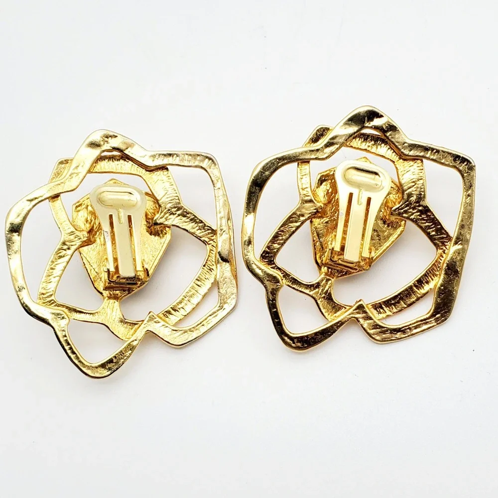 Huge‎ Clip On Earrings Gold Tone Amethyst Purple Acrylic Stone Runway Modernist
